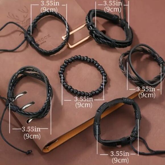6pc Men's PU Leather Street Style Black Handmade Men Minimalist Twist Bracelet - Picture 3 of 4